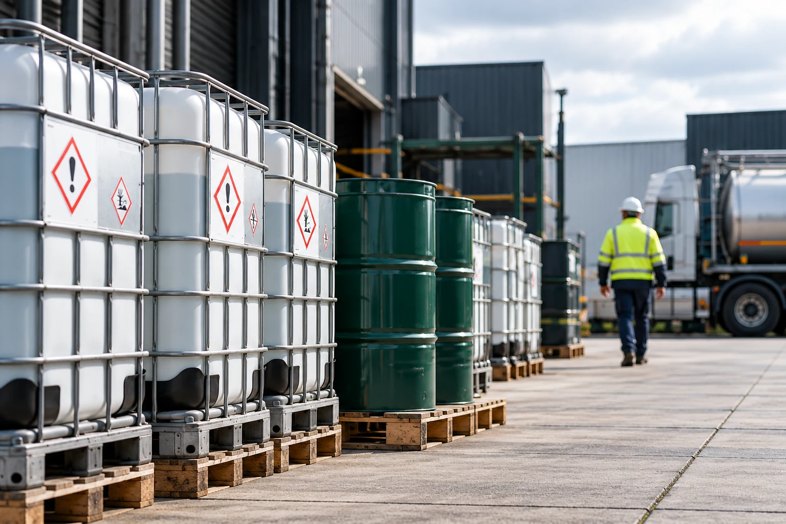 Industriële locatie met IBC’s, vaten en tanktransport